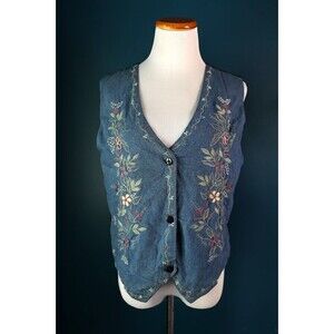 Vintage 90s Agapo Vest Blue Chambray Denim Embroidered Floral Cottagecore M